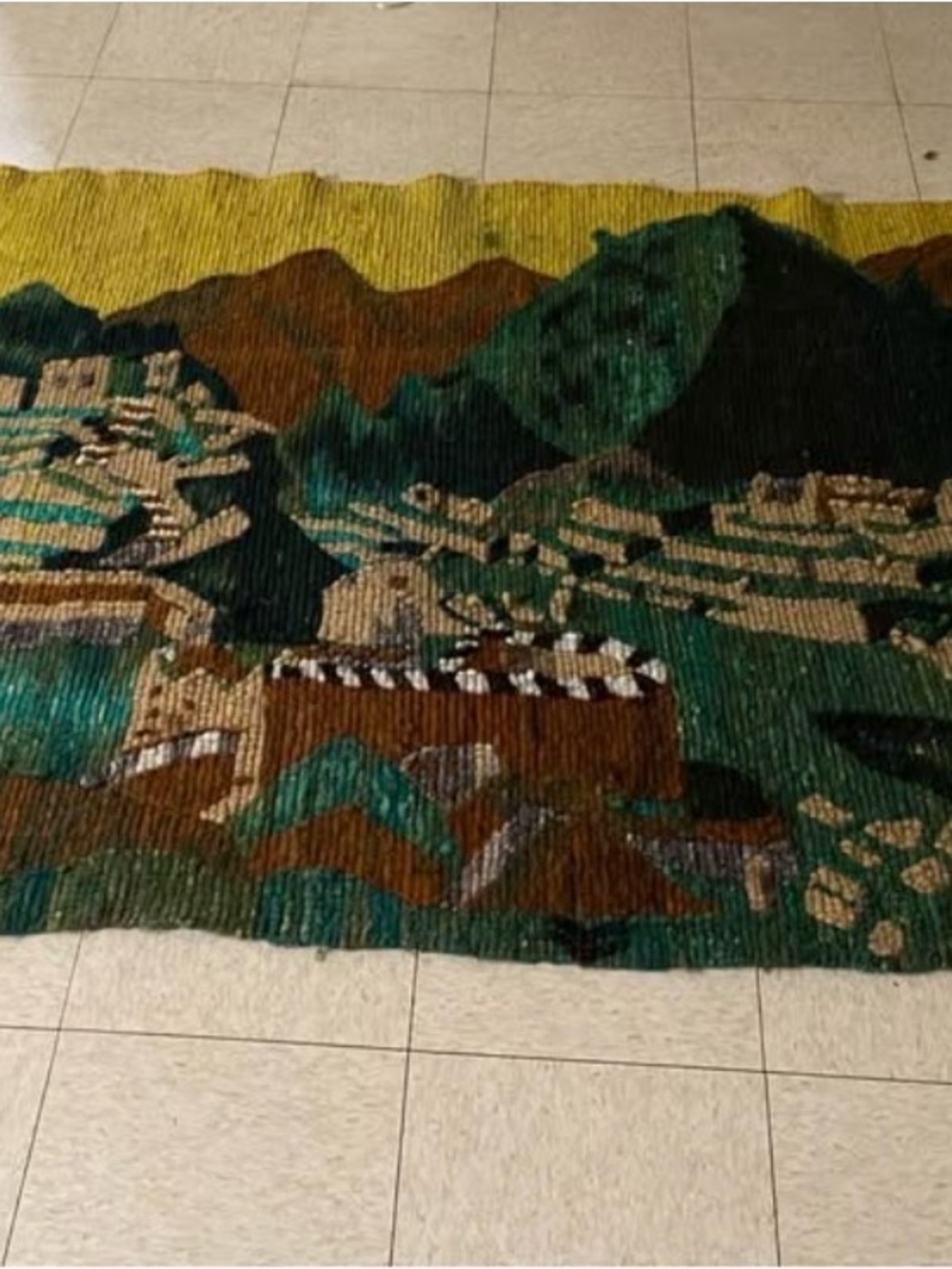 Handwoven Scenic Wool Rug in Green, Brown & Yellow vintage home decor